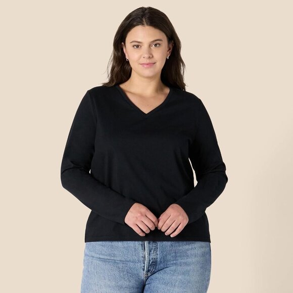 Women's Cotton V-Neck Long Sleeve T-Shirt Regular Fit Soft Breathable - Picture 5 of 6